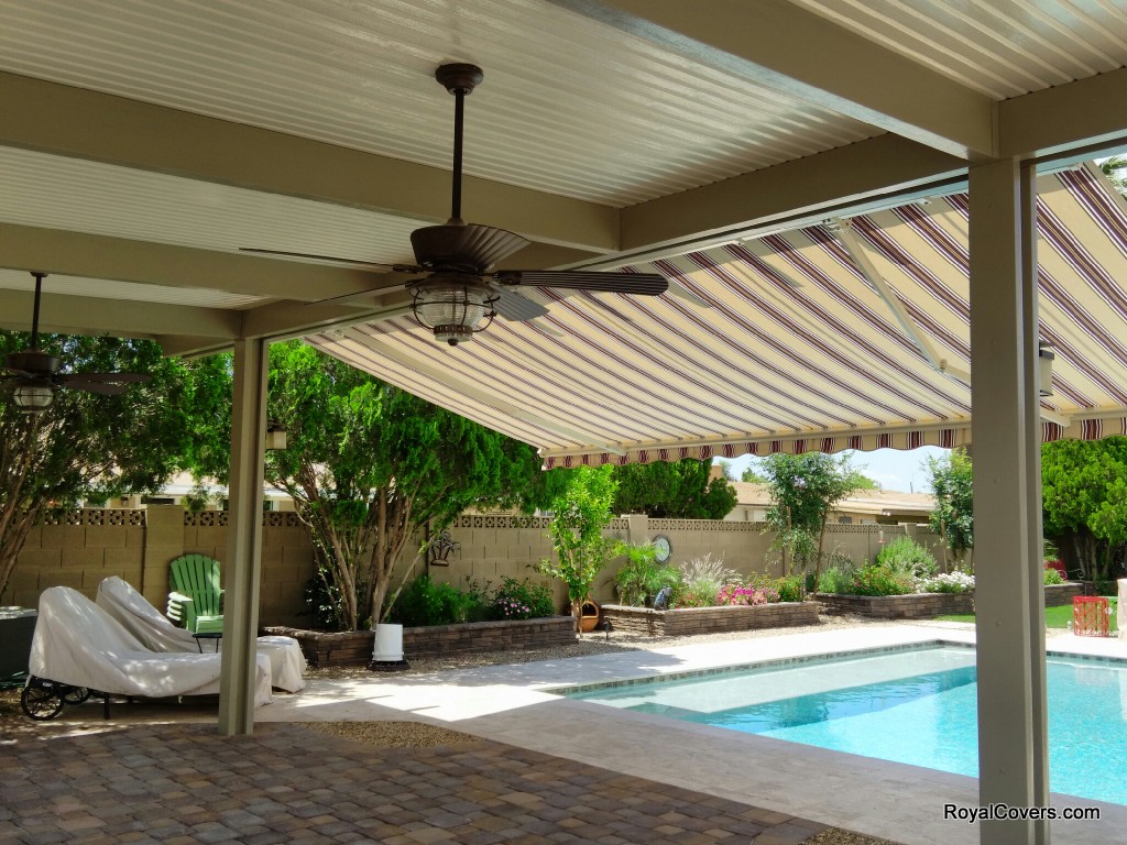 Freestanding Alumawood patio cover with retractable awning