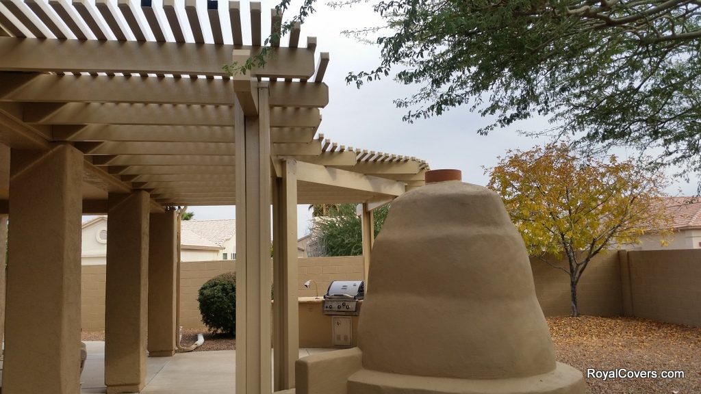 Alumawood lattice patio cover installed by Royal Covers of Arizona in Sun Lakes, AZ.