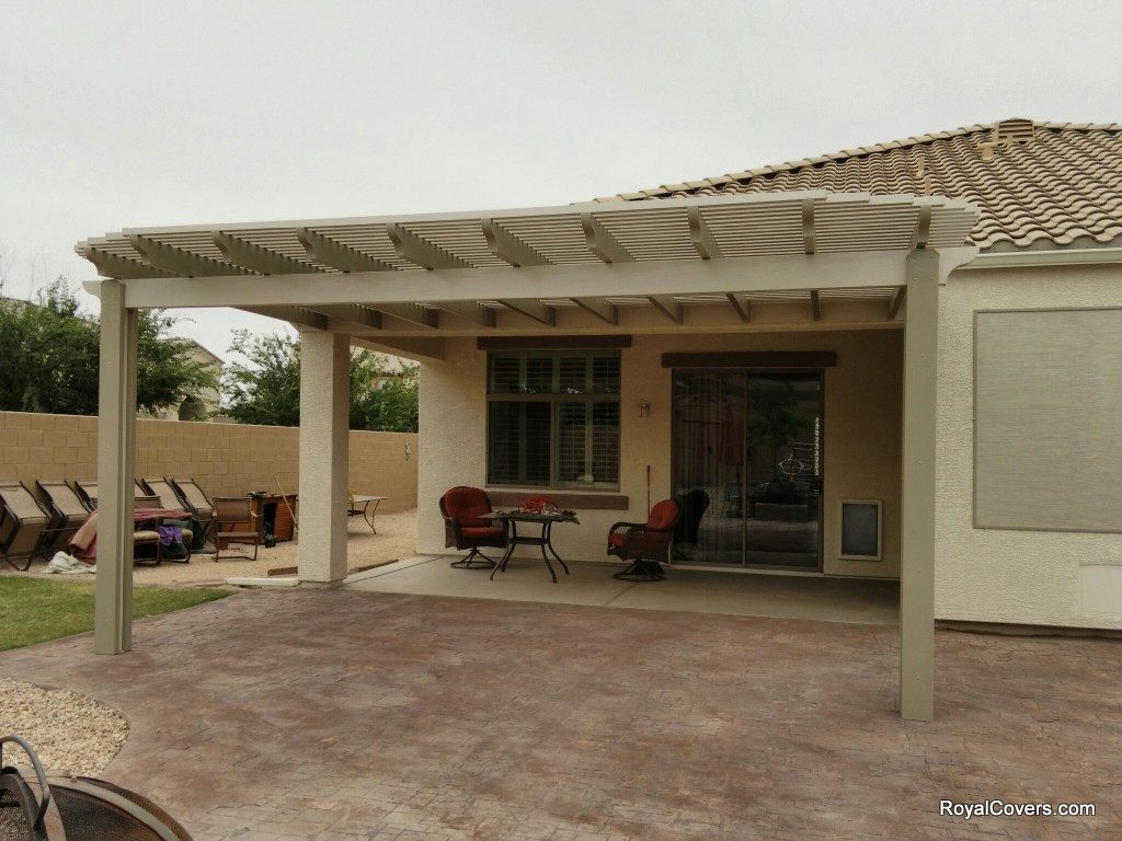 Custom two tone Alumawood lattice patio cover installed by Royal Covers of Arizona in Florence, AZ.