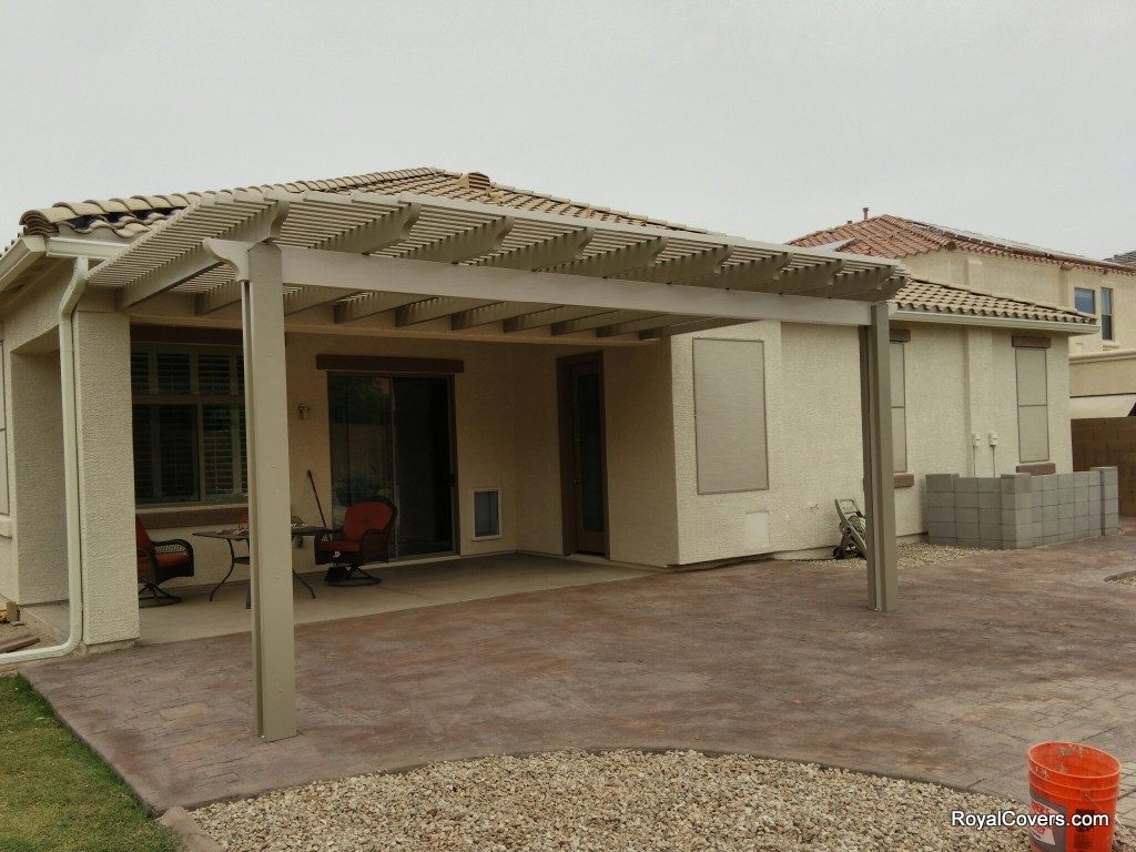 Custom two tone Alumawood lattice patio cover installed by Royal Covers of Arizona in Florence, AZ.