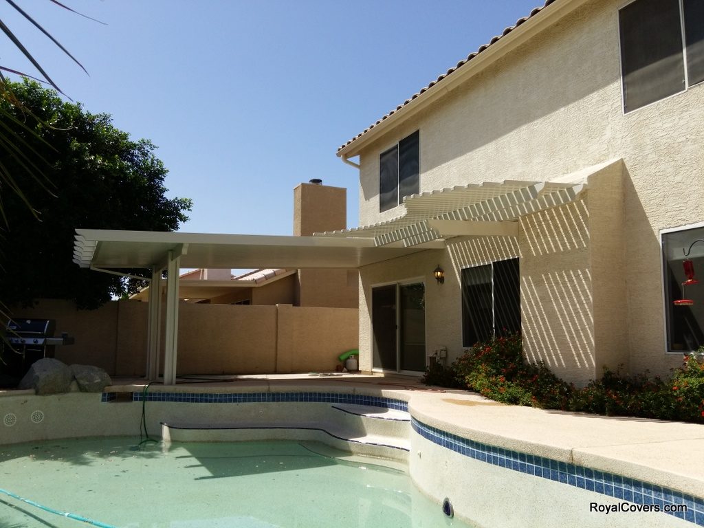 Custom Alumawood solid and lattice patio cover installed by Royal Covers of Arizona in Gilbert, AZ.