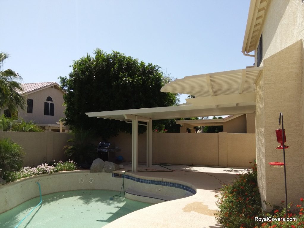 Custom Alumawood solid and lattice patio cover installed by Royal Covers of Arizona in Gilbert, AZ.
