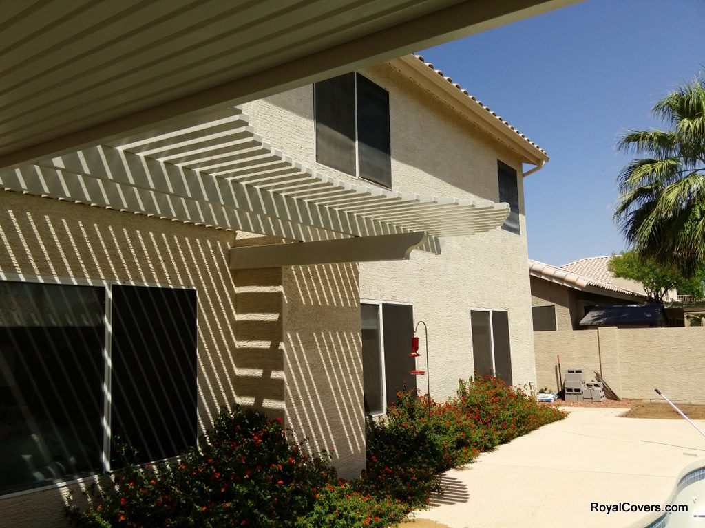 Custom Alumawood solid and lattice patio cover installed by Royal Covers of Arizona in Gilbert, AZ.