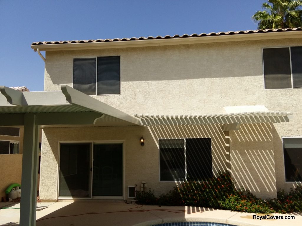 Custom Alumawood solid and lattice patio cover installed by Royal Covers of Arizona in Gilbert, AZ.