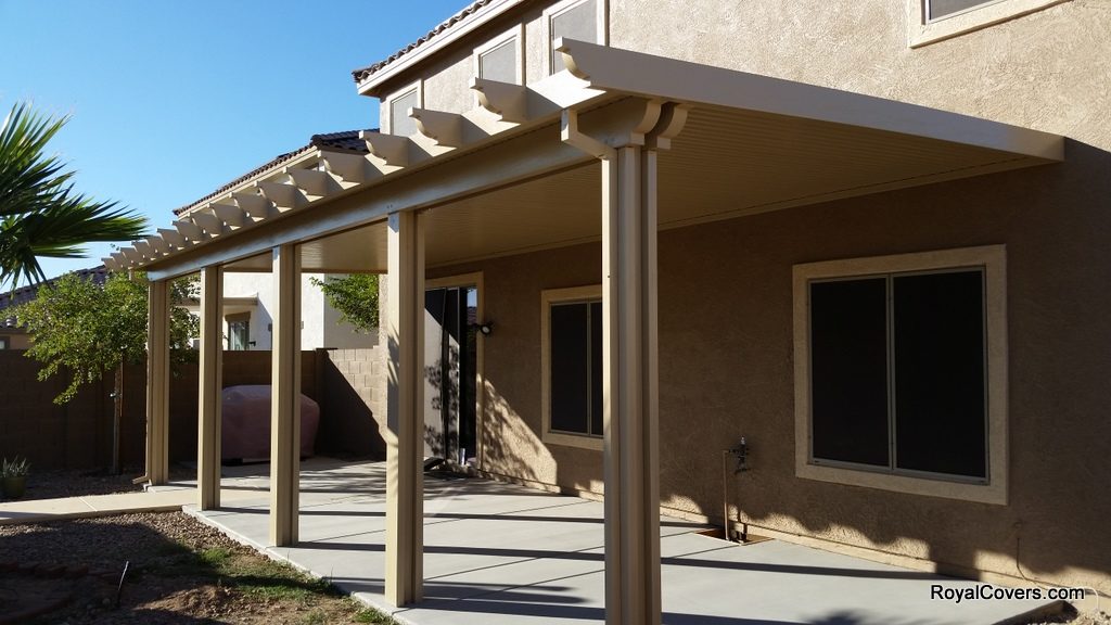 Alumawood solid patio cover installed by Royal Covers of Arizona in Buckeye, AZ.