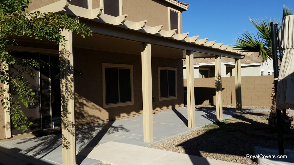 Alumawood solid patio cover installed by Royal Covers of Arizona in Buckeye, AZ.