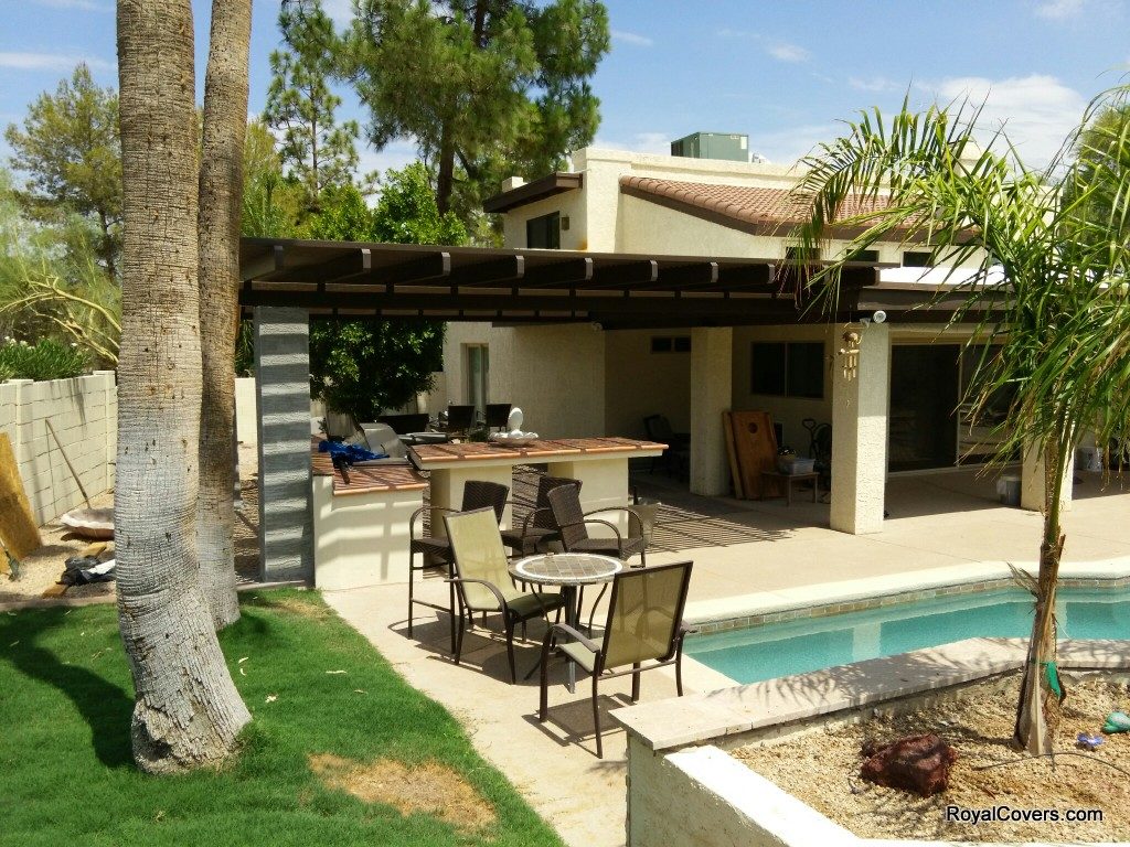 Alumawood pergola over BBQ installed by Royal Covers of Arizona in Phoenix, AZ.