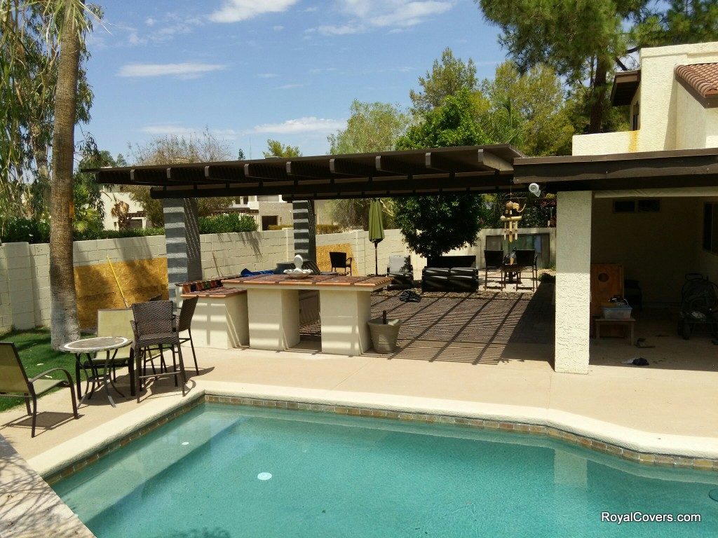 Alumawood pergola over BBQ installed by Royal Covers of Arizona in Phoenix, AZ.