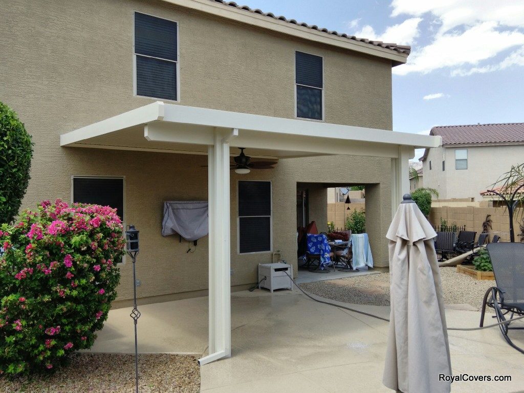 Alumawood patio covers with fan installed by Royal Covers of Arizona in Phoenix, AZ.